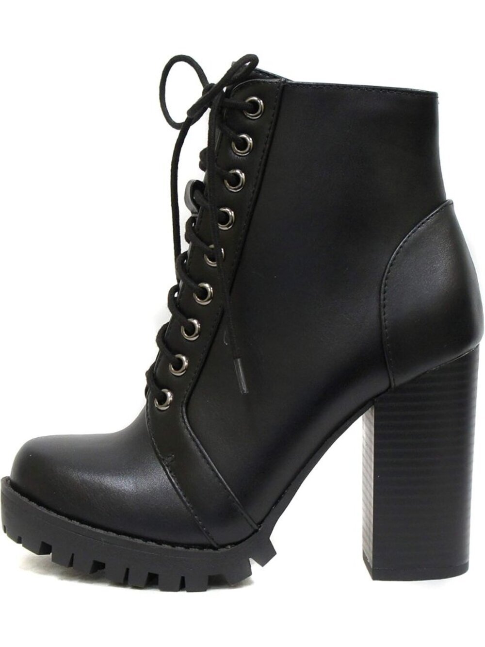 Women's Black Ankle Boot Lace up Military Inspired Stacked Heel Side Zipper